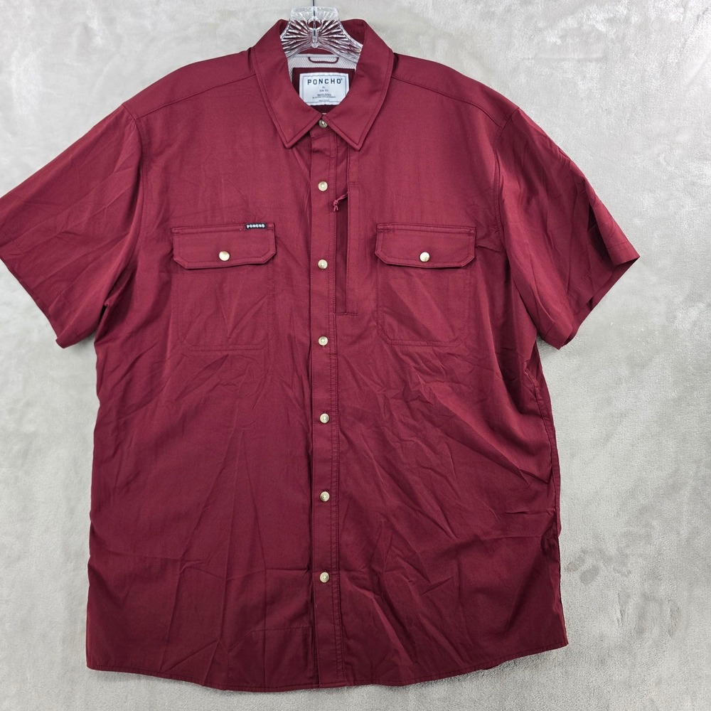Poncho Shirt Mens XL Slim Burgundy Short Sleeve Magnetic Pocket Fishing
